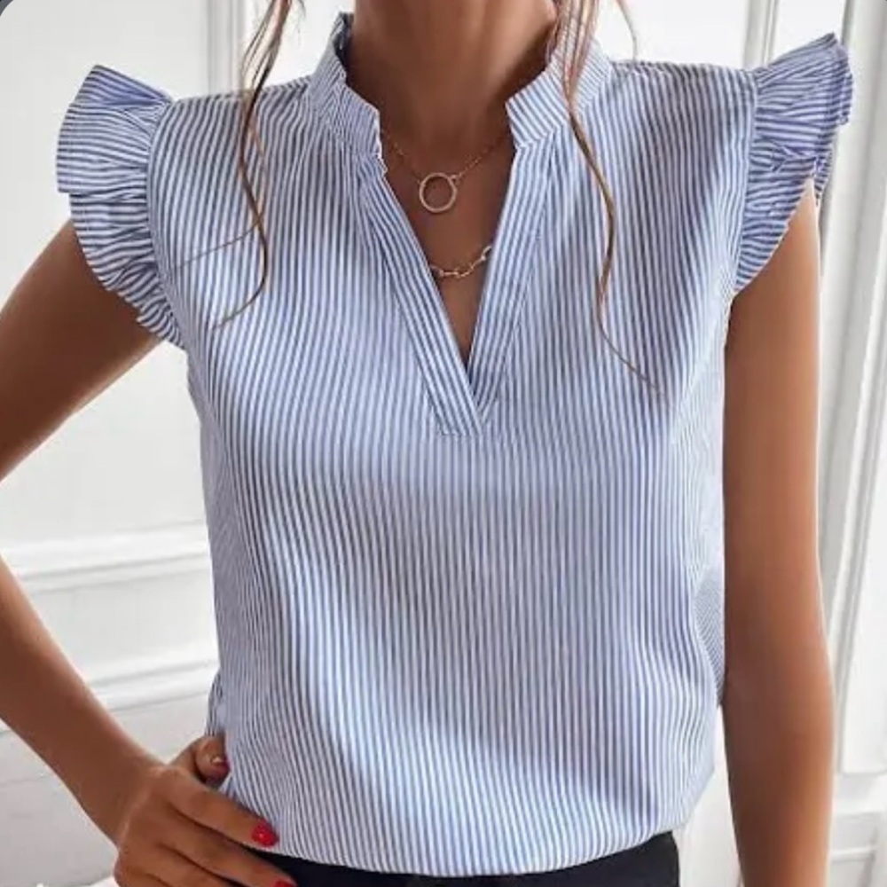 SHEIN Blue Pinstripe Ruffle Blouse